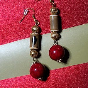 LOVELY Scarlet Dangle, Red Bead, Gold Bead& Ceramic Bead Earrings.